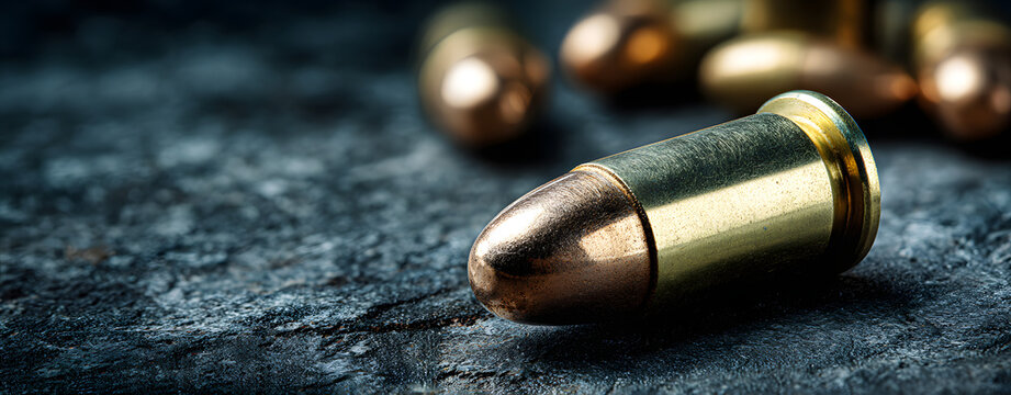Hand gun banner or panorama pfoto on dark stone table top view. Ammunition or bullets at black background. Copy space for text concept.