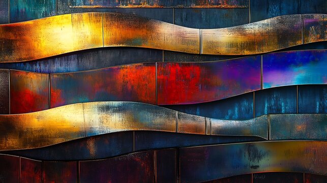 Dynamic abstract background showcasing textured wavy metallic panels in a vibrant gradient of gold, red, purple, and blue. Ideal for modern art, graphic design, and decorative concepts.