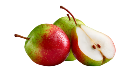 Fresh Garden Pear Still Life: Vivid Green and Red Pears Whole and Halved with Stem and Dew Drops for Healthy Eating and Natural Beauty Photography on Checkered Background