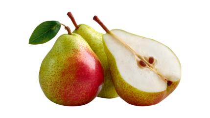 Elegant Composition of Three Pears with Sliced Pear Showing Seeds, Green Leaf in Studio Setting on Transparent Background displaying Natural Freshness and Organic Appeal