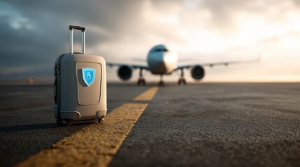 Travel suitcase ready for departure on a runway as an airplane is parked nearby under a dynamic sky at sunset