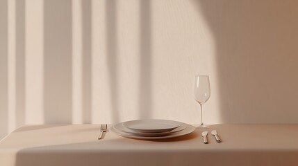 serene minimalist dining table is set for one with stacked plates, cutlery, and an empty glass against a textured beige background with window shadows.