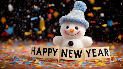 Snowman surrounded by confetti and cheerful celebration vibe.