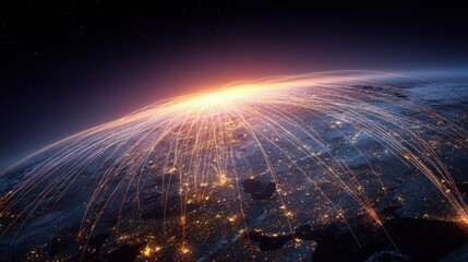 An aerial view of Earth at night showcasing city lights and network connections glowing above the horizon
