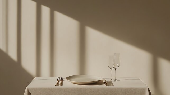 Elegant minimalist dining table set for one, bathed in natural sunlight with striking window shadows on the wall. Ideal for concepts of fine dining, home decor, or serene moments.