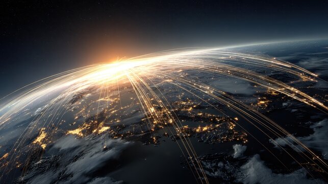 Sunrise over Earth with digital connections radiating from cities at the horizon