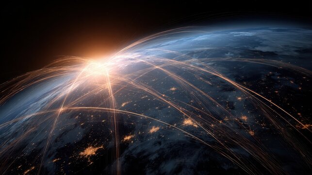Bright sunrise over Earth with glowing network connections visible across the globe, showcasing global communication and technology advancements