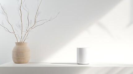 serene minimalist interior featuring a modern essential oil diffuser and dried botanicals on a white shelf, bathed in natural light and soft shadows. Ideal for lifestyle and home decor.