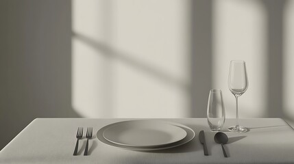 modern, elegant empty table setting for one with plates, cutlery, and glasses, enhanced by artistic sunlight shadows on a neutral wall.