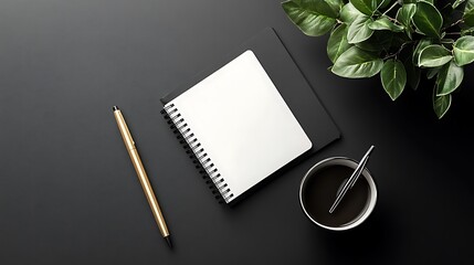 modern minimalist flat lay workspace features a blank spiral notebook, gold pen, coffee cup, and a green plant on a dark textured desk, symbolizing productivity.