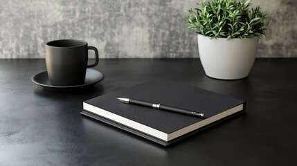 Modern minimalist workspace featuring a black notebook, pen, coffee mug, and succulent plant on a dark desk, ideal for productivity and business themes.