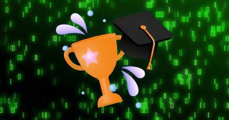 Showing golden trophy cup with star cutout amid code streams, floating mortarboard with tassel