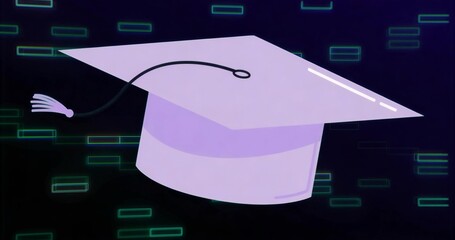 Floating purple mortarboard cap with black tassel hovering over dark digital green code background