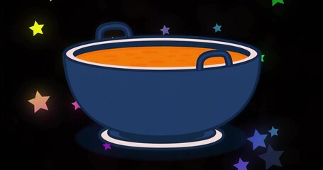 Simmering deep blue cauldron emitting steam against dark cosmic backdrop, with colorful star shapes