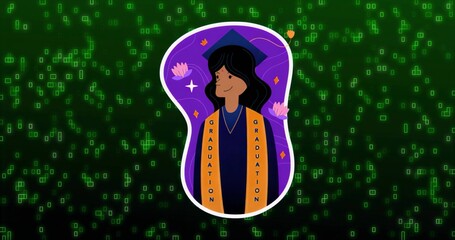 Standing female graduate wearing mortarboard cap, gown, stole at digital backdrop, with symbols