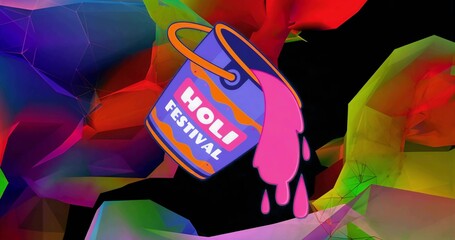 Tilting vibrant Holi Festival bucket, spilling pink powder on dark canvas with colorful polygons