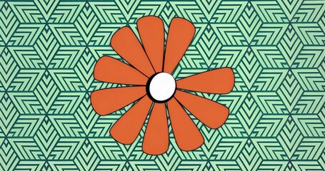 Featuring orange flower graphic centering on mint green and teal pattern, with twelve petals