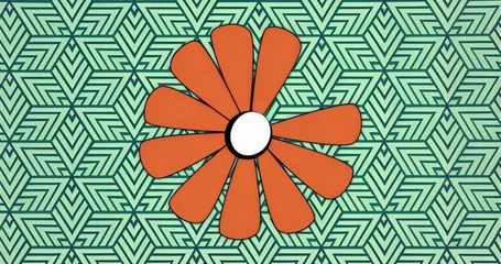 Fototapete Aroma Featuring orange flower graphic centering on mint green and teal pattern, with twelve petals  © vectorfusionart