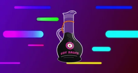 Fototapete Aroma Showing glass soy sauce decanter with rope on purple-to-indigo gradient, with neon-colored bars  © vectorfusionart
