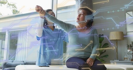 Guiding nurse wearing scrubs assisting patient raising arm on bench in rehab, with circuit overlay