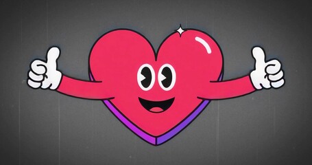 Displaying stylized cartoon heart giving white-gloved thumbs-up on grey backdrop, expressive face