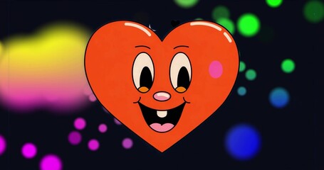 Floating red heart cartoon character drifting over dark digital backdrop, with neon bokeh accents