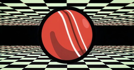 Fototapeta premium Floating red sphere spinning inside green checkerboard tunnel, showing black ring and white stripes