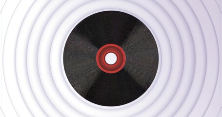 Presenting record-like disc featuring red-ringed center hole on grey concentric ridges backdrop