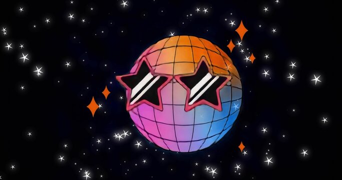 Naklejki Floating grid disco ball wearing pink star sunglasses in space with white stars and orange sparkles