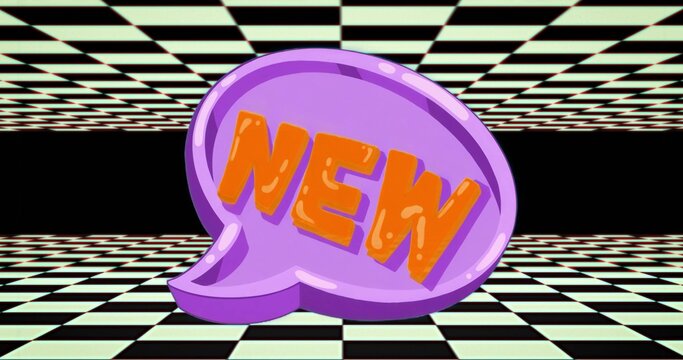 Floating purple speech bubble showing orange NEW text in surreal grid room with checkered tiles - Powered by Adobe