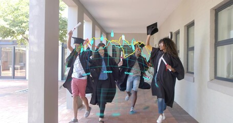 Walking four gowned grads tossing mortarboards along campus corridor, with diplomas, chart overlay