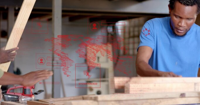Operating man wearing blue t-shirt cutting plank at wood shop, with SYSTEM HACKED alert, copy space