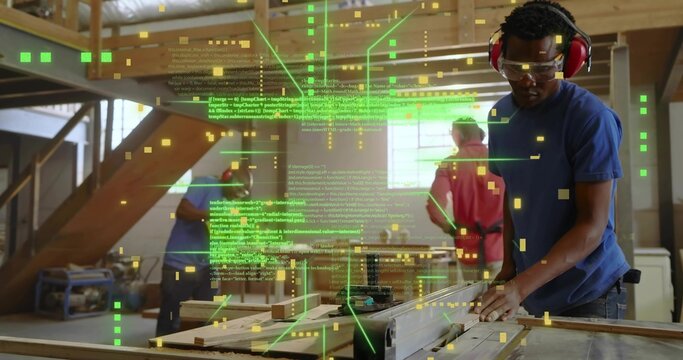 Operating carpenter wearing red ear muffs at carpentry workshop, with saw, AR overlay, copy space