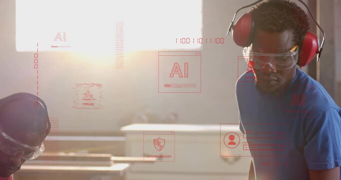 Working woodworker wearing glasses and earmuffs cutting wood at workshop, AI overlays, copy space