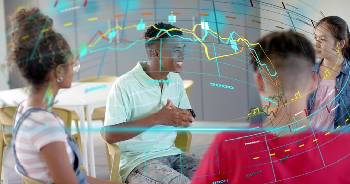 Leading boy in green polo facilitating peer discussion in study room, with superimposed data charts