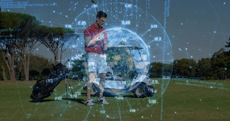 Checking smartphone golfer standing on fairway by golf cart and golf bag, with data network overlay
