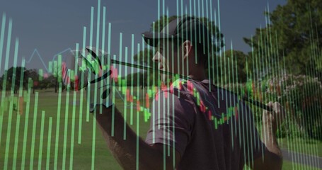 Swinging golfer gripping club on fairway, wearing maroon shirt golf glove, with candlestick overlay