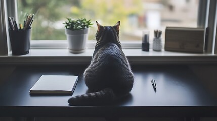 domestic cat sits on a desk, observing the outside world through a window, embodying a peaceful work-from-home or study environment.