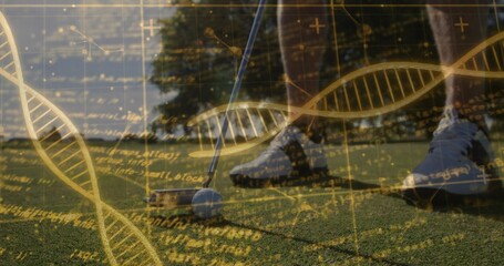 Lining up golfer's putt on putting green at golf course, with golf ball, digital DNA overlays