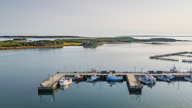 Aerial view of Shag Harbour marina with docked boats and fish weir