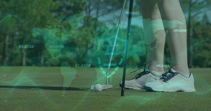 Golfer's legs aligning on putting green, projecting digital overlay with ball, putter and flagstick