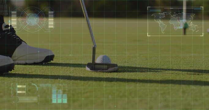 Positioning putter head behind golf ball on putting green beside golf shoe, with HUD elements