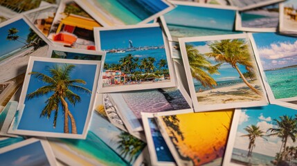 Collection of vibrant tropical photos showcasing palm trees, clear blue skies, and sunny beaches from various locations, evoking memories of summer vacations and seaside adventures