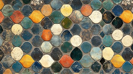 Abstract pattern of colorful, weathered ceramic tiles forming a unique, textured wall surface. Ideal for backgrounds, decor, and art projects.