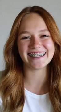 A young Caucasian girl with long, wavy red hair and braces smiles brightly. She is wearing a white shirt and has a joyful expression.