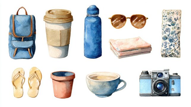 Collection of travel essentials including a backpack, reusable water bottle, and camera displayed in a flat lay design