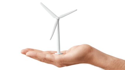 Hand Holding a Miniature Wind Turbine on White Background