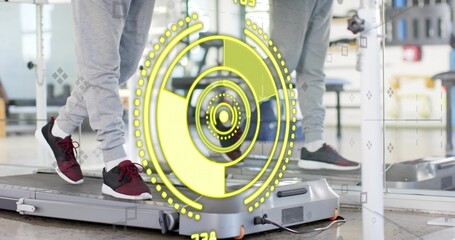 Walking male's lower legs in gray sweatpants on treadmill at gym, burgundy sneakers, AR HUD, mirror