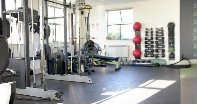 Featuring squat rack or cable machine occupying left of gym, with plates, bench, dumbbells, copy spa - Powered by Adobe