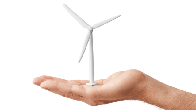 Hand Holding a Miniature Wind Turbine on White Background